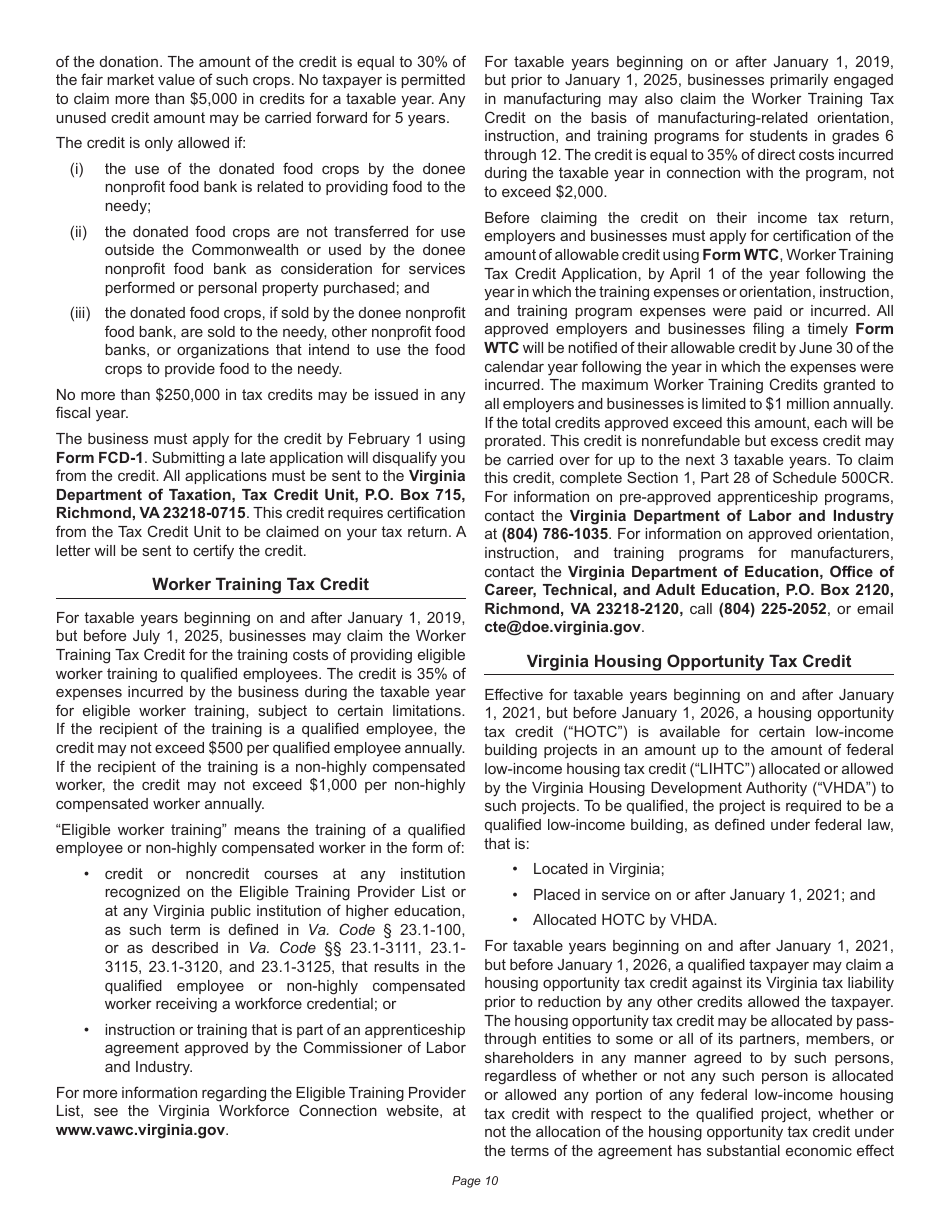 Instructions for Schedule 500CR Credit Computation Schedule for Corporations - Virginia, Page 10