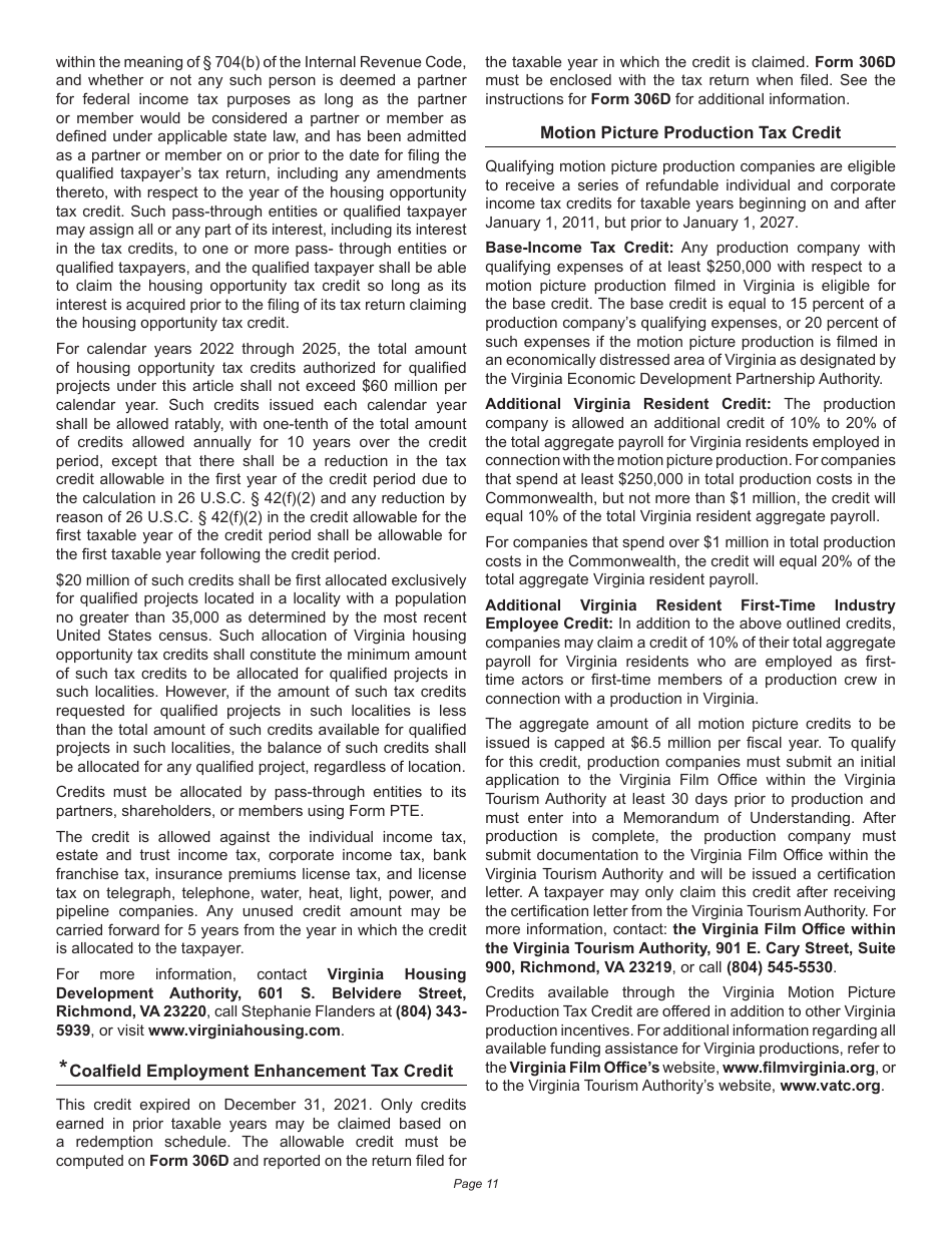 Instructions for Schedule 500CR Credit Computation Schedule for Corporations - Virginia, Page 11