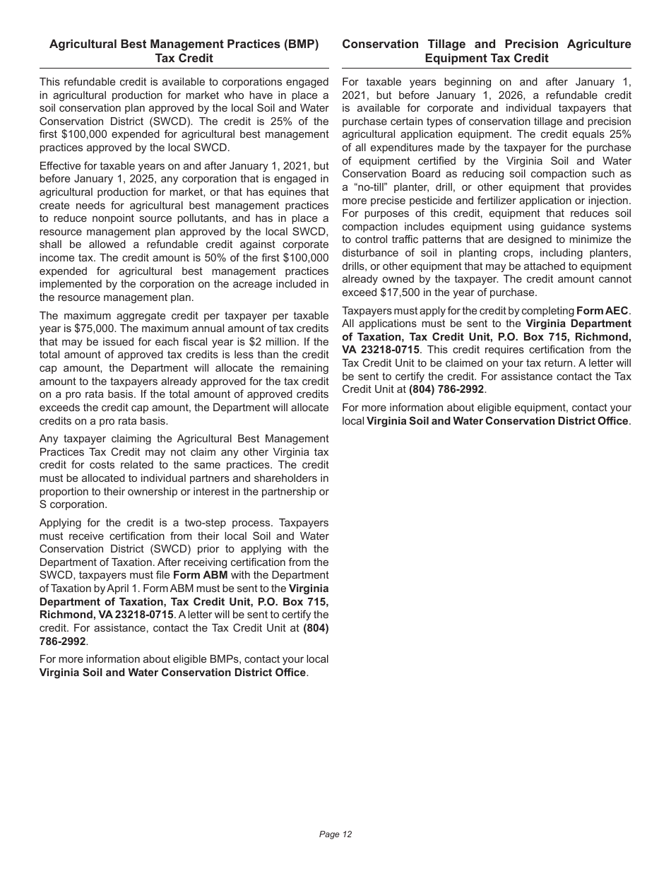 Instructions for Schedule 500CR Credit Computation Schedule for Corporations - Virginia, Page 12