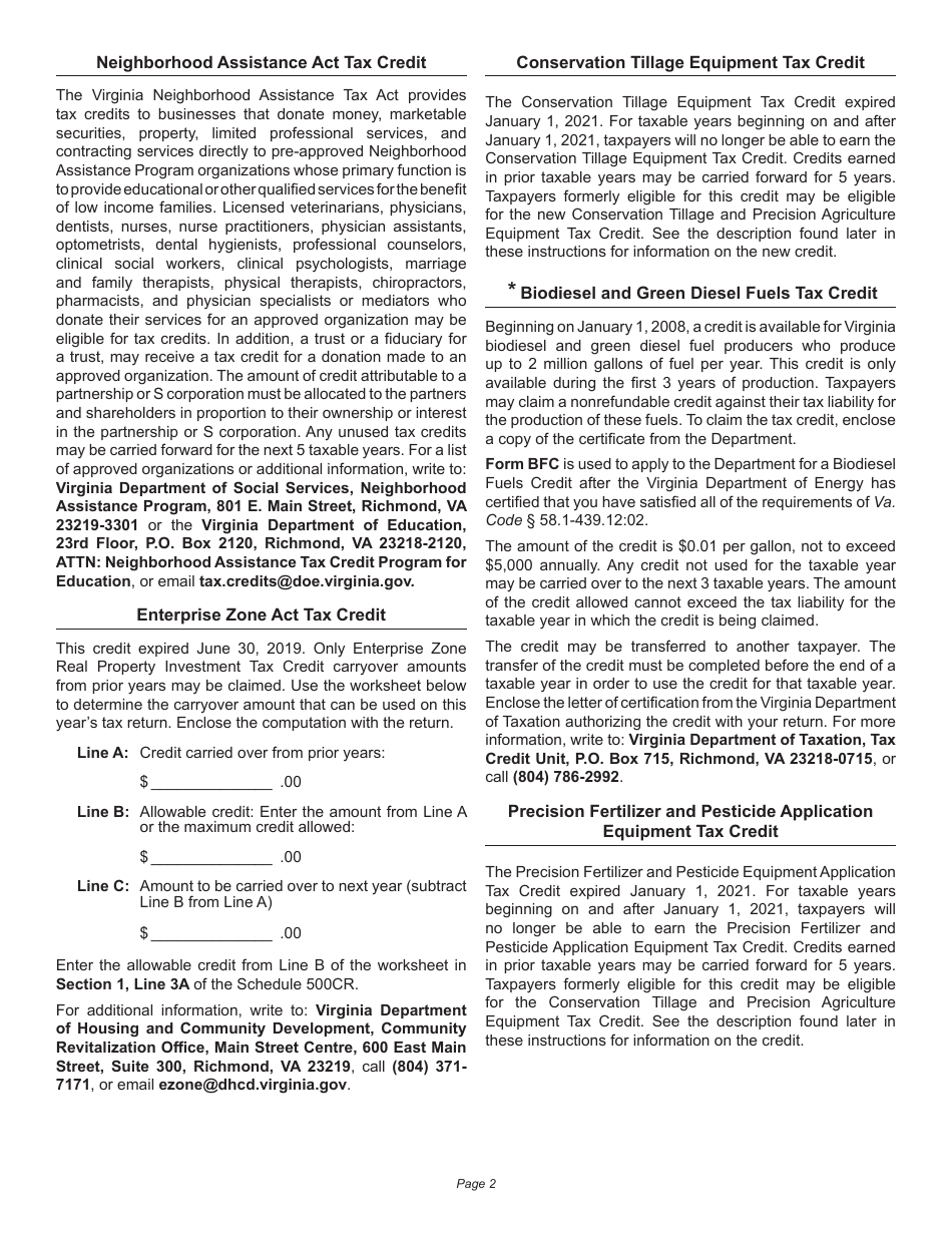 Instructions for Schedule 500CR Credit Computation Schedule for Corporations - Virginia, Page 2