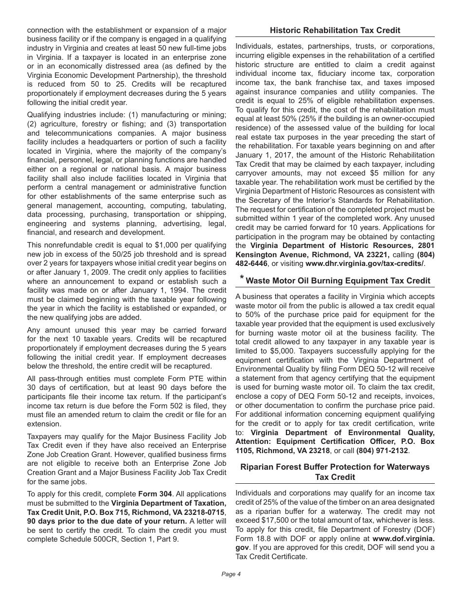 Instructions for Schedule 500CR Credit Computation Schedule for Corporations - Virginia, Page 4