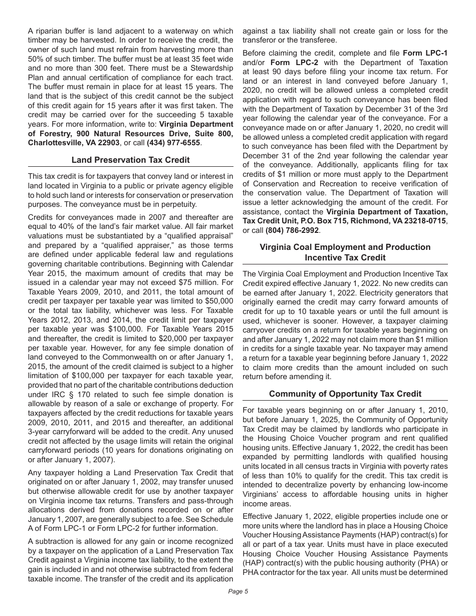 Instructions for Schedule 500CR Credit Computation Schedule for Corporations - Virginia, Page 5