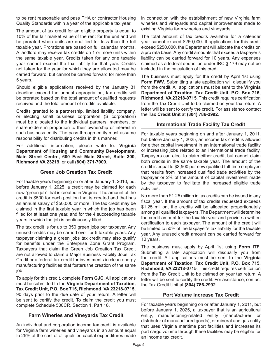 Instructions for Schedule 500CR Credit Computation Schedule for Corporations - Virginia, Page 6