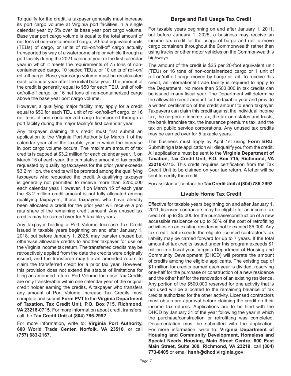 Instructions for Schedule 500CR Credit Computation Schedule for Corporations - Virginia, Page 7