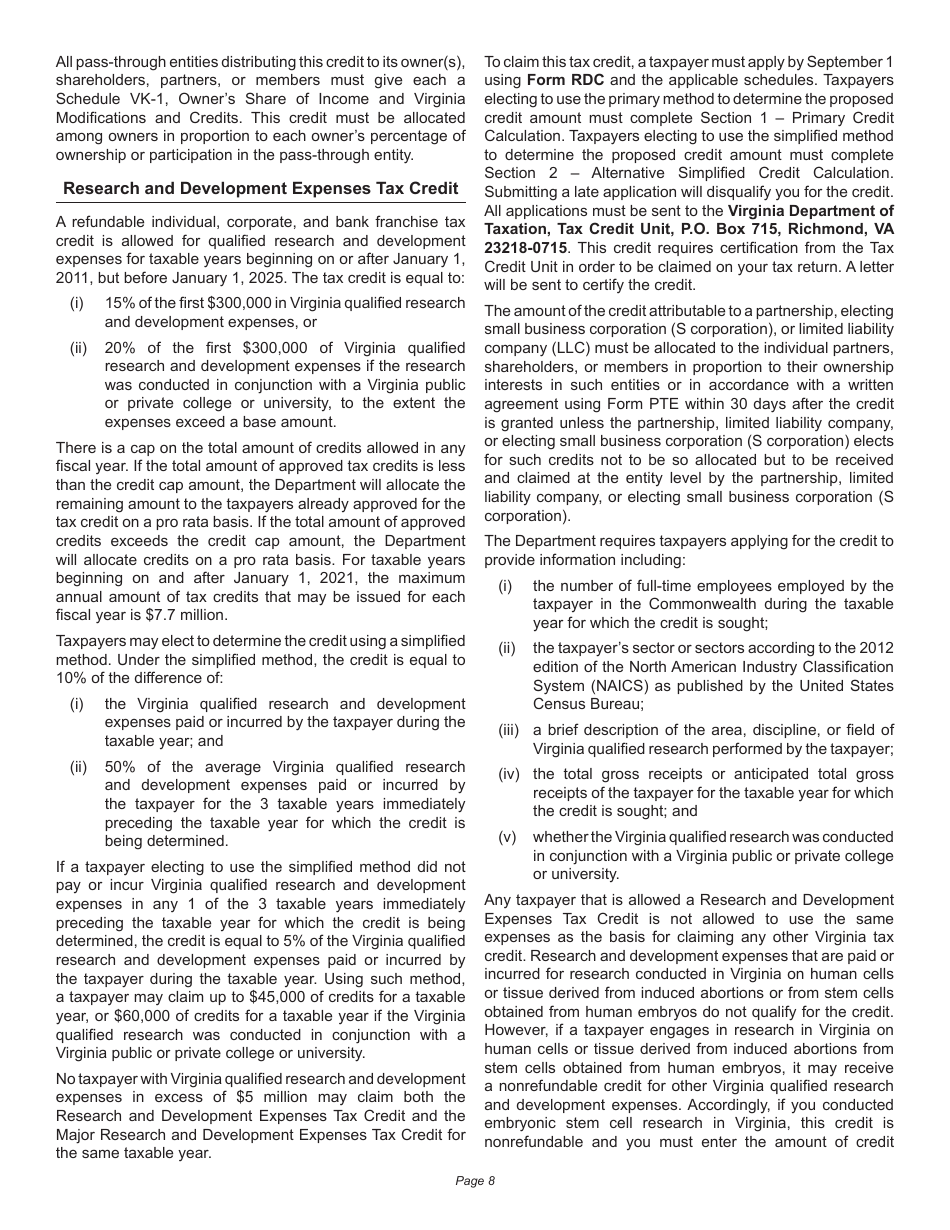 Instructions for Schedule 500CR Credit Computation Schedule for Corporations - Virginia, Page 8