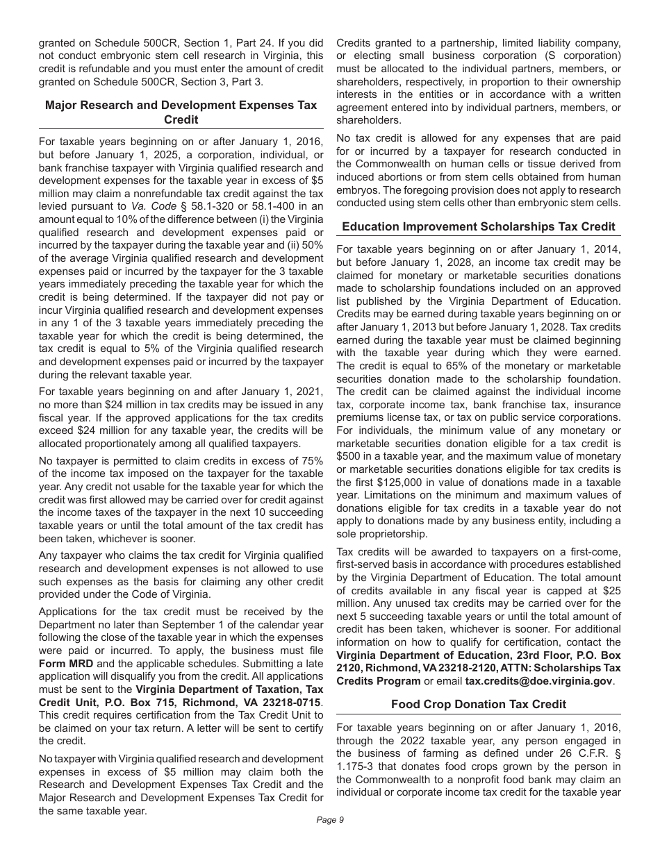 Instructions for Schedule 500CR Credit Computation Schedule for Corporations - Virginia, Page 9