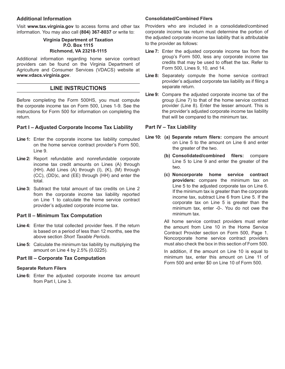 Form 500HS Home Service Contract Provider Minimum Tax Computation - Virginia, Page 4