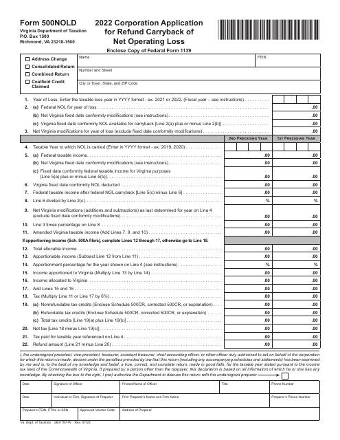 Form 500NOLD Corporation Application for Refund Carryback of Net Operating Loss - Virginia, 2022