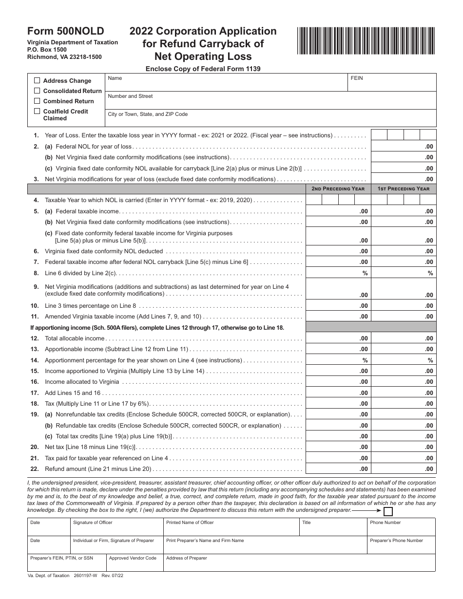 Form 500NOLD Corporation Application for Refund Carryback of Net Operating Loss - Virginia, Page 1