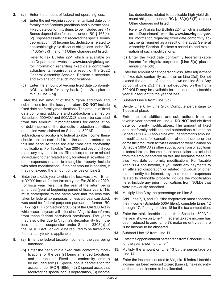 Instructions for Form 500NOLD Corporation Application for Refund Carryback of Net Operating Loss - Virginia, Page 2