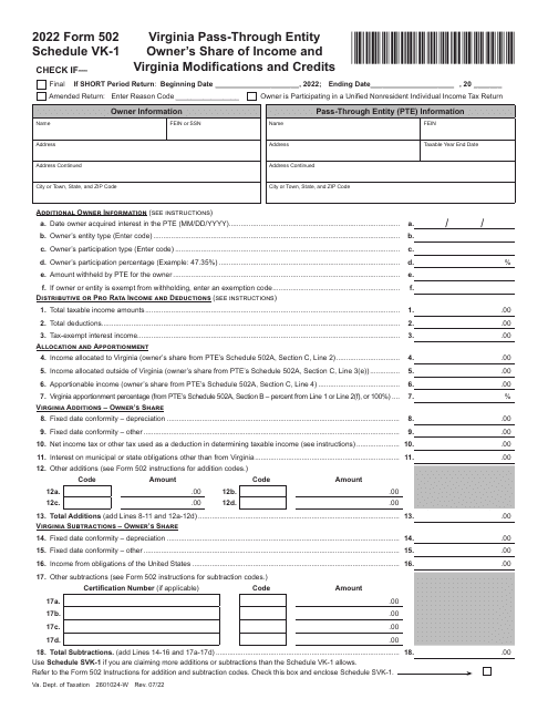 Form 502 Schedule VK-1 2022 Printable Pdf