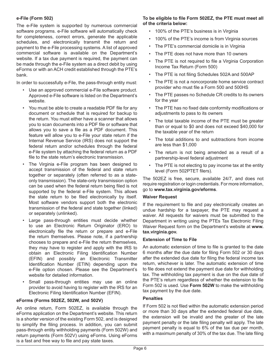 Instructions for Form 502 Pass-Through Entity Return of Income and Return of Nonresident Withholding Tax - Virginia, Page 10