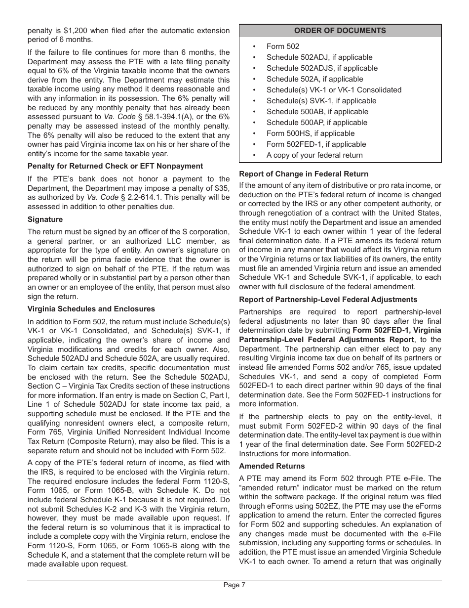 Instructions for Form 502 Pass-Through Entity Return of Income and Return of Nonresident Withholding Tax - Virginia, Page 11
