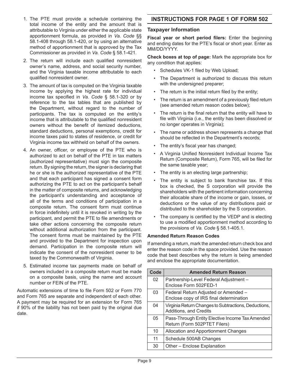 Instructions for Form 502 Pass-Through Entity Return of Income and Return of Nonresident Withholding Tax - Virginia, Page 13