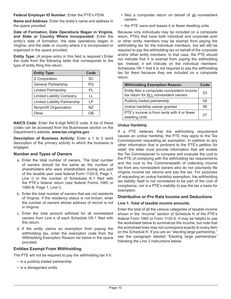 Instructions for Form 502 Pass-Through Entity Return of Income and Return of Nonresident Withholding Tax - Virginia, Page 14