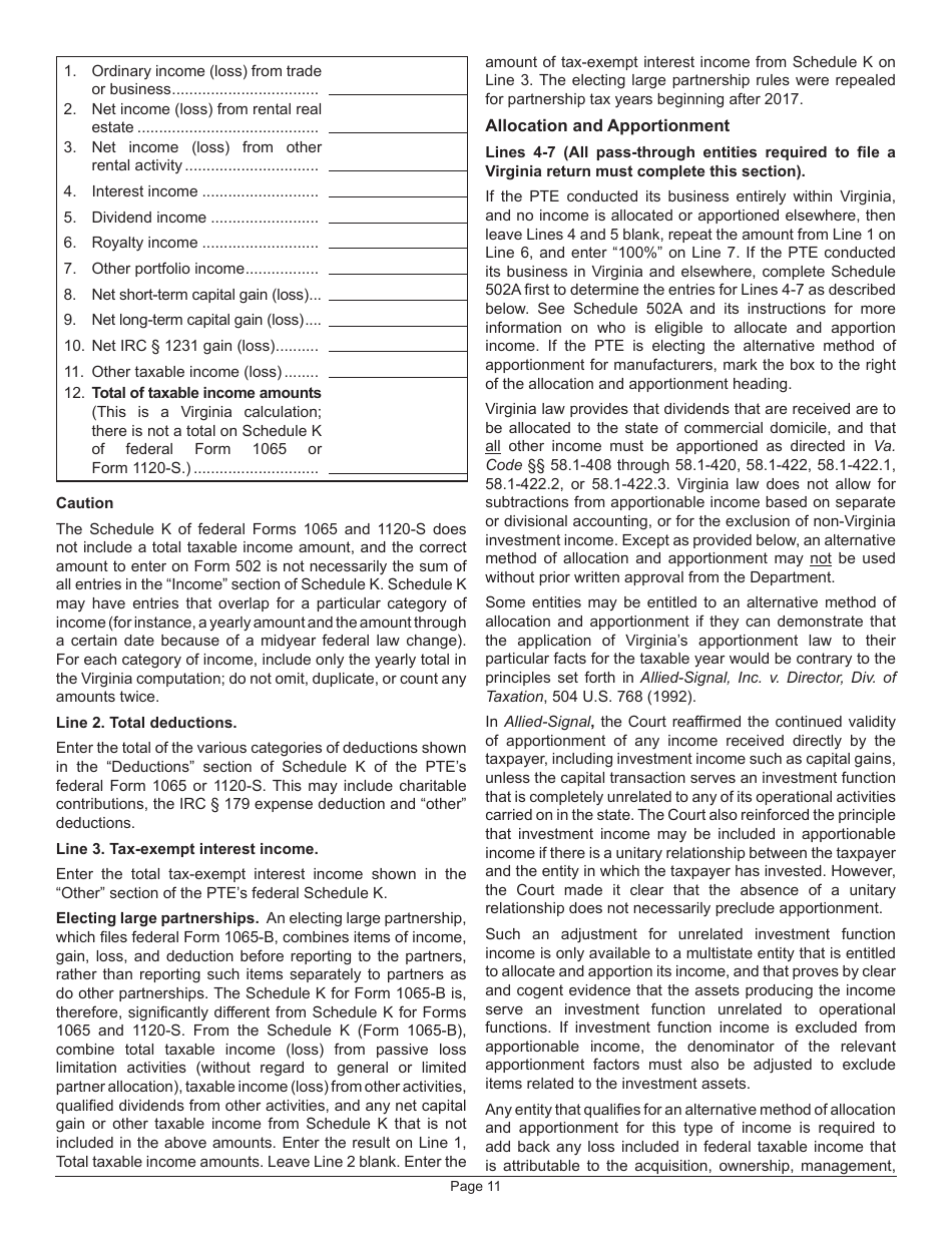 Instructions for Form 502 Pass-Through Entity Return of Income and Return of Nonresident Withholding Tax - Virginia, Page 15