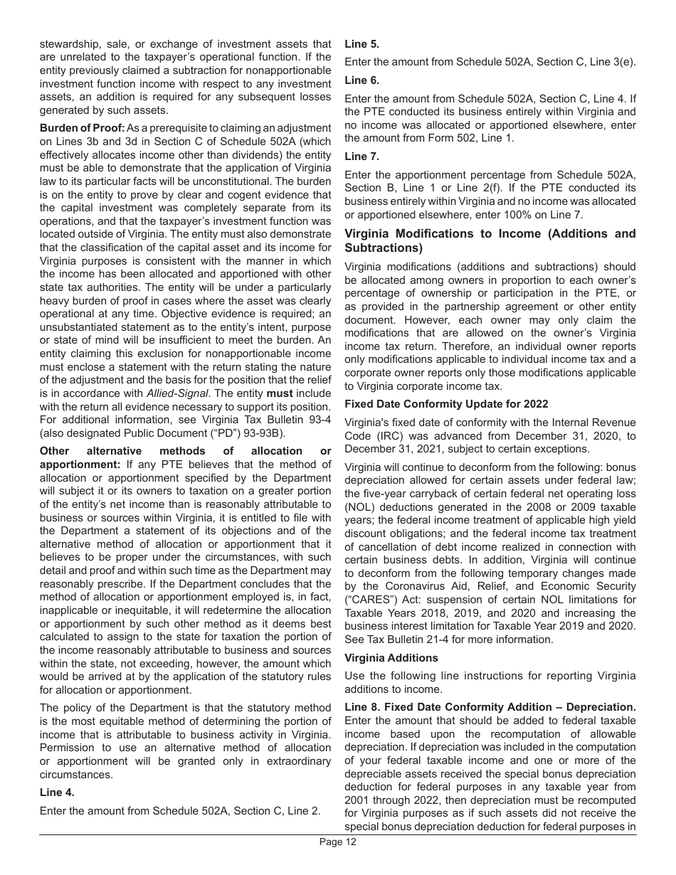 Instructions for Form 502 Pass-Through Entity Return of Income and Return of Nonresident Withholding Tax - Virginia, Page 16