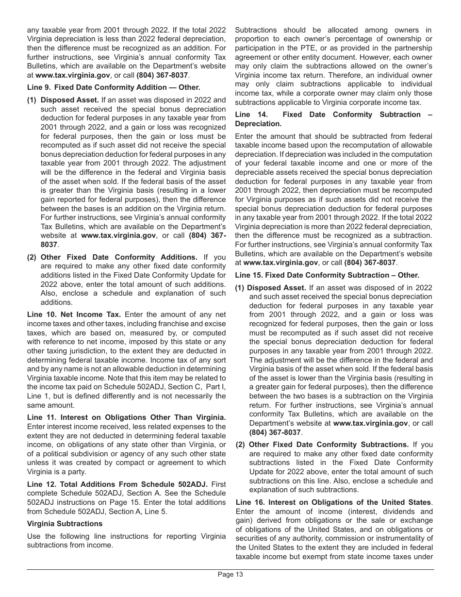 Instructions for Form 502 Pass-Through Entity Return of Income and Return of Nonresident Withholding Tax - Virginia, Page 17
