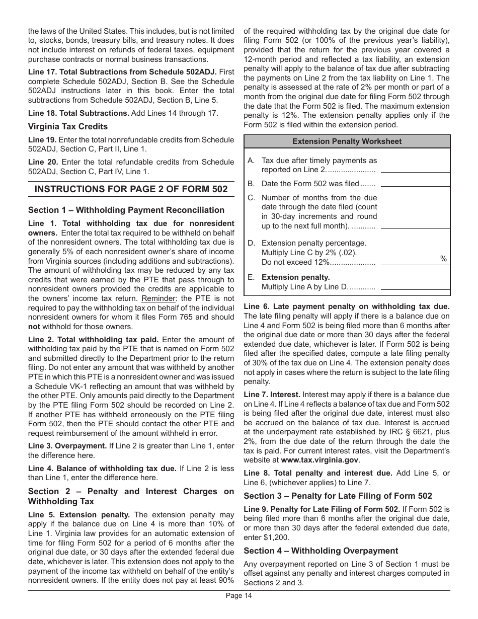 Instructions for Form 502 Pass-Through Entity Return of Income and Return of Nonresident Withholding Tax - Virginia, Page 18