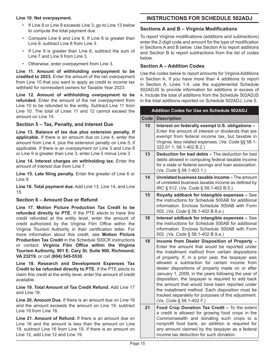 Instructions for Form 502 Pass-Through Entity Return of Income and Return of Nonresident Withholding Tax - Virginia, Page 19