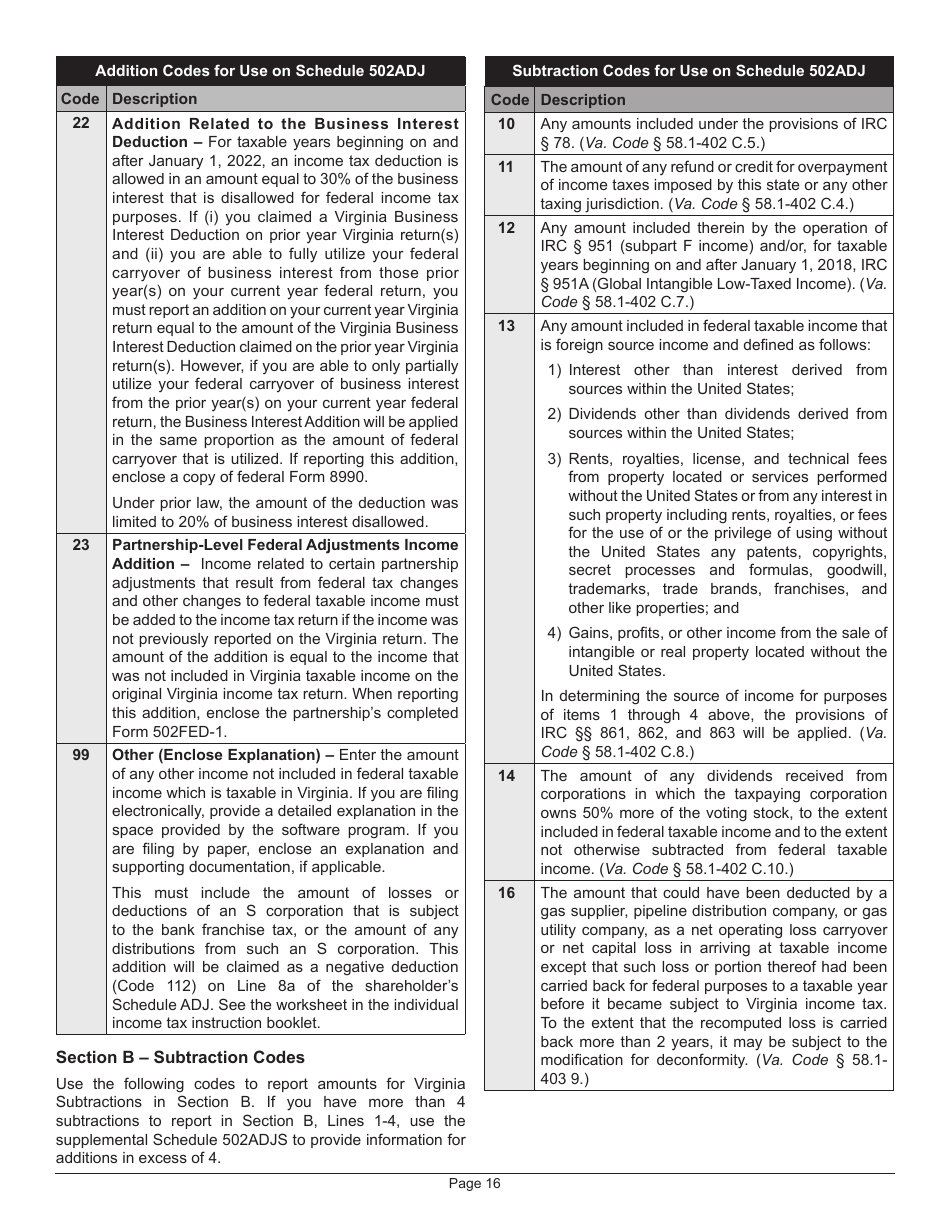 Instructions for Form 502 Pass-Through Entity Return of Income and Return of Nonresident Withholding Tax - Virginia, Page 20