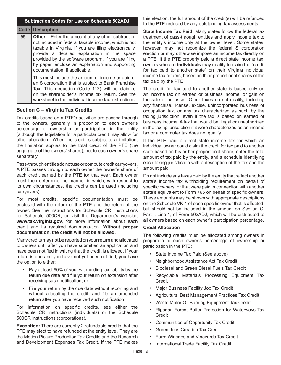 Instructions for Form 502 Pass-Through Entity Return of Income and Return of Nonresident Withholding Tax - Virginia, Page 23