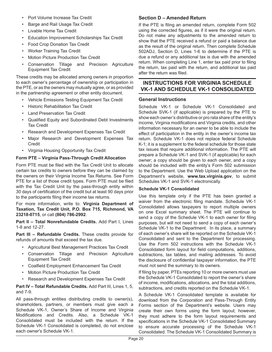 Instructions for Form 502 Pass-Through Entity Return of Income and Return of Nonresident Withholding Tax - Virginia, Page 24