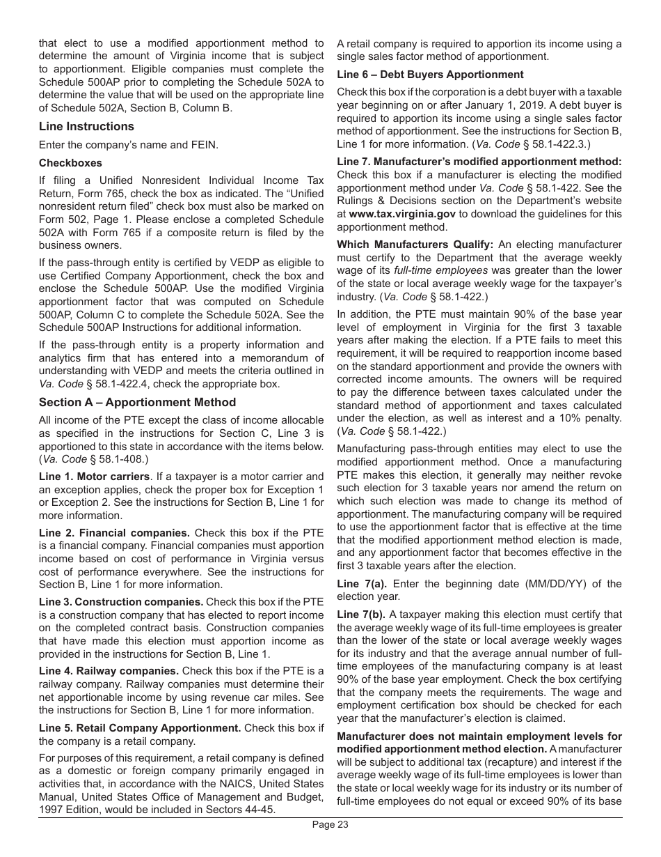 Instructions for Form 502 Pass-Through Entity Return of Income and Return of Nonresident Withholding Tax - Virginia, Page 27
