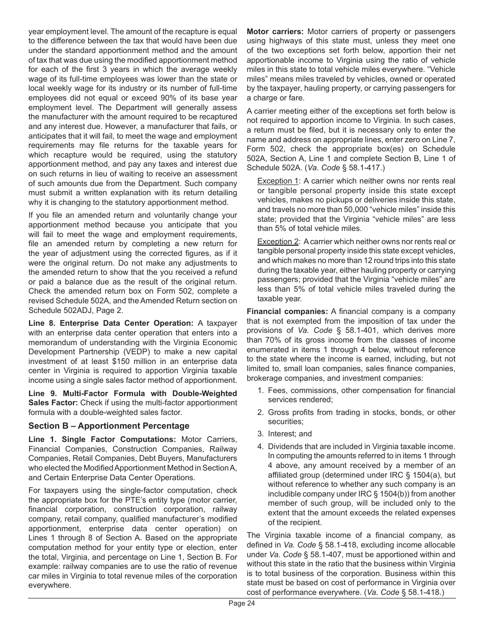 Instructions for Form 502 Pass-Through Entity Return of Income and Return of Nonresident Withholding Tax - Virginia, Page 28