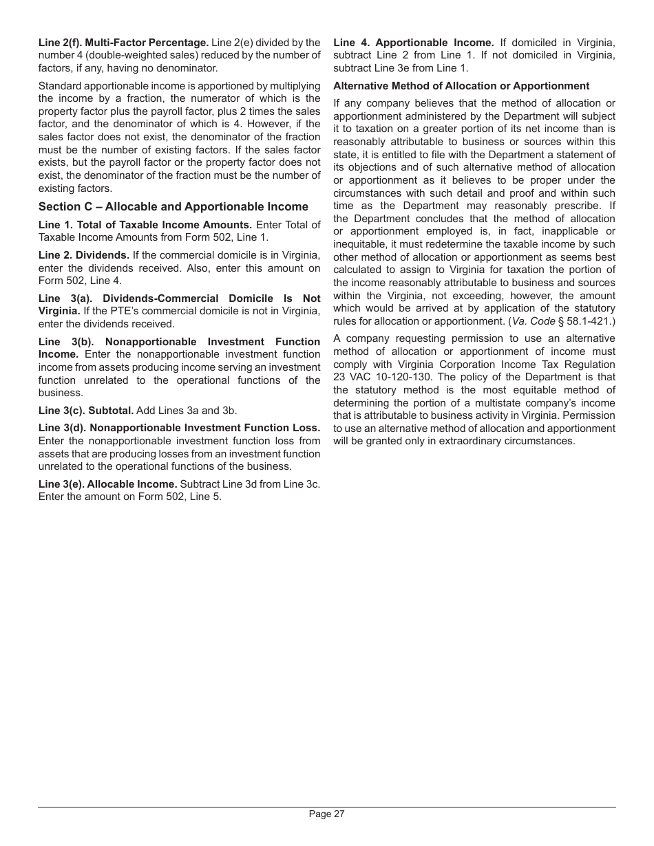 Instructions for Form 502 Pass-Through Entity Return of Income and Return of Nonresident Withholding Tax - Virginia, Page 31