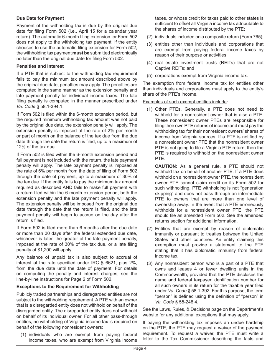 Instructions for Form 502 Pass-Through Entity Return of Income and Return of Nonresident Withholding Tax - Virginia, Page 8