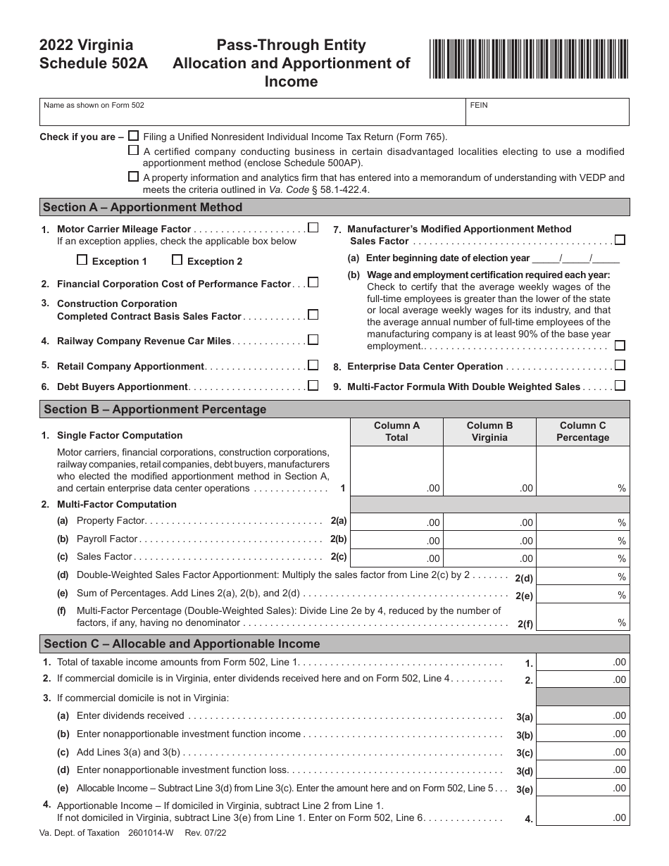 Schedule 502A Pass-Through Entity Allocation and Apportionment of Income - Virginia, Page 1