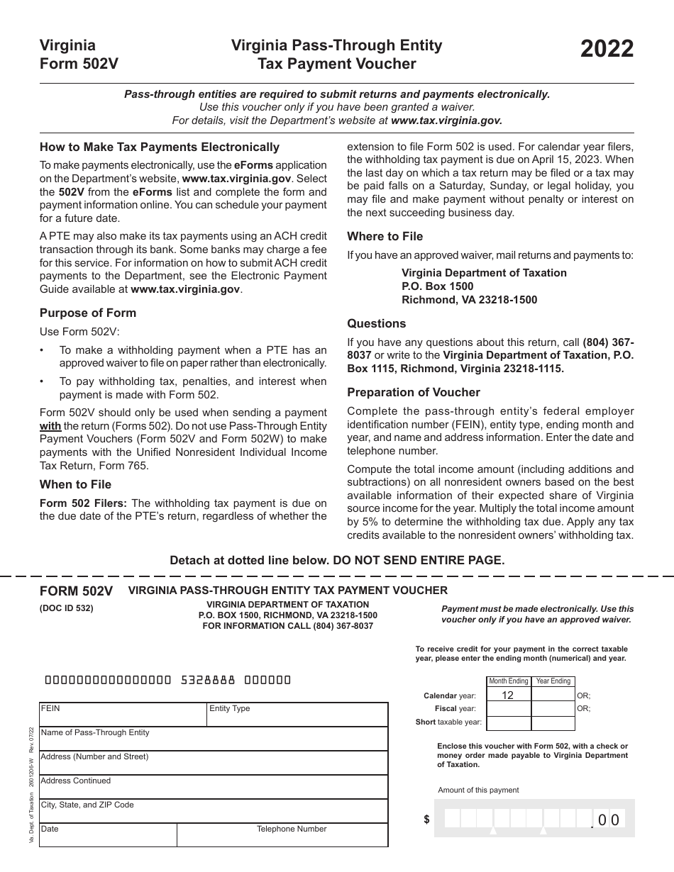 Form 502V Virginia Pass-Through Entity Tax Payment Voucher - Virginia, Page 1