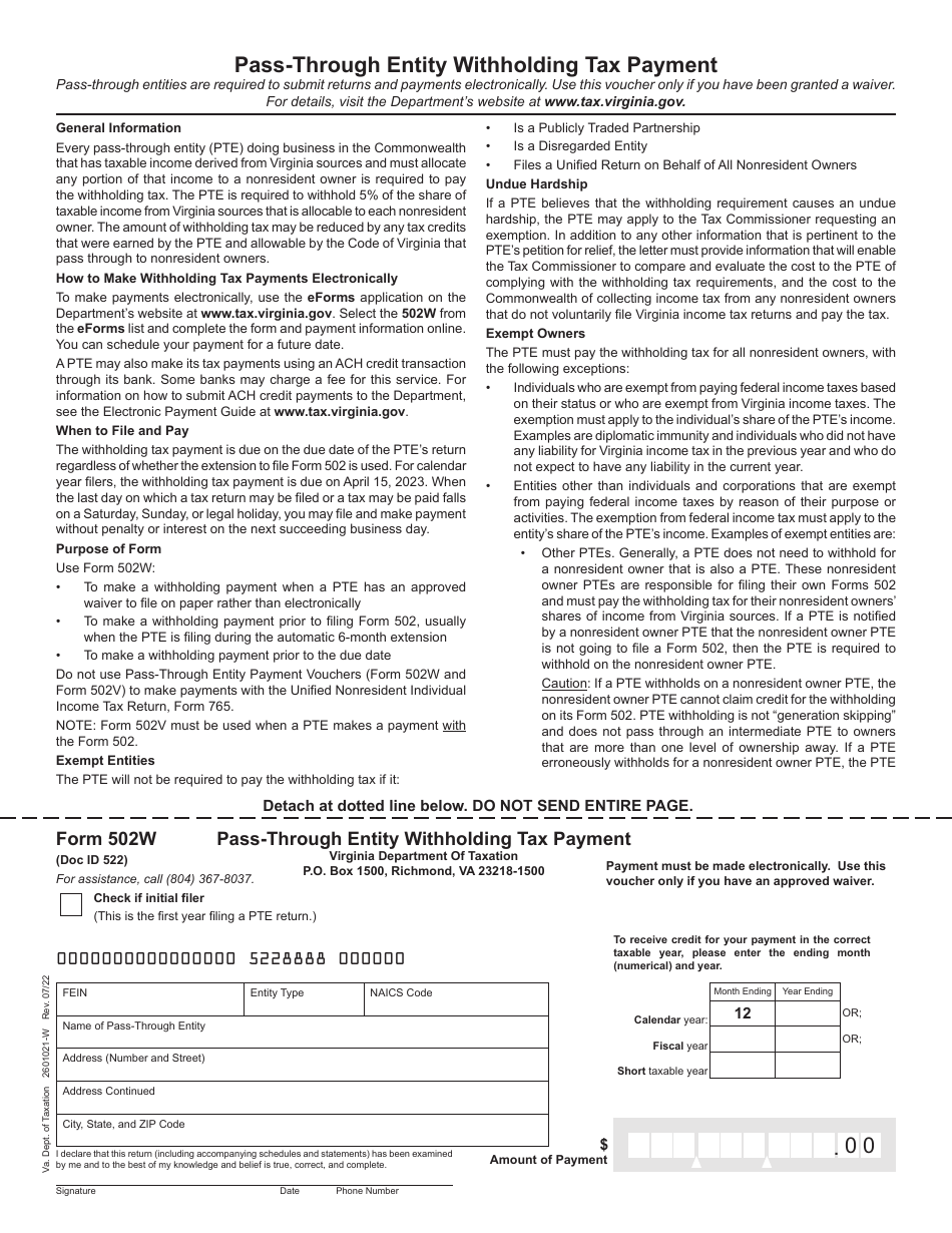 Form 502W Download Fillable PDF or Fill Online Pass-Through Entity ...