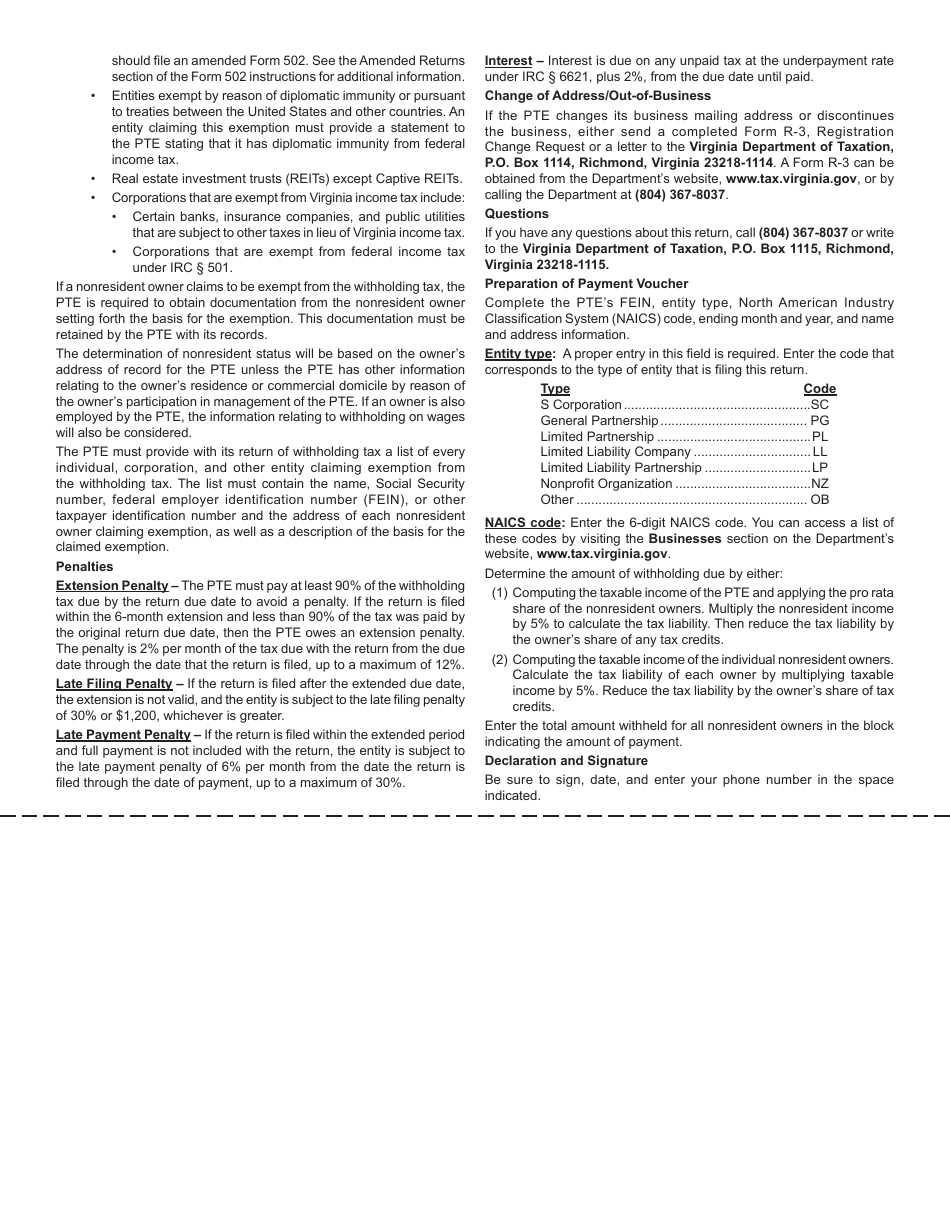 Form 502W Pass-Through Entity Withholding Tax Payment - Virginia, Page 2