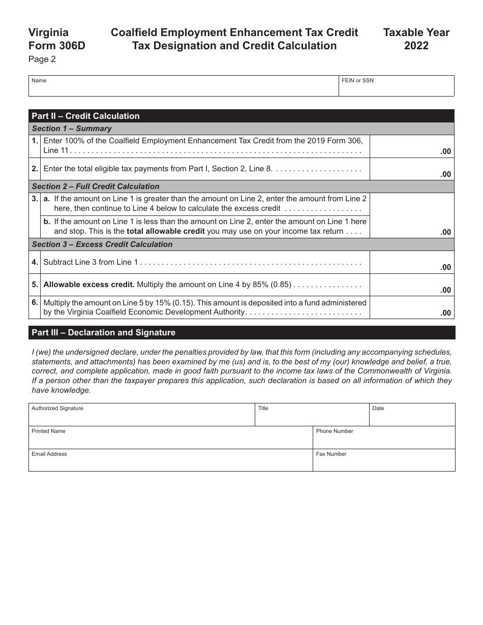 Form 306D Coalfield Employment Enhancement Tax Credit Tax Designation and Credit Calculation - Virginia, Page 2