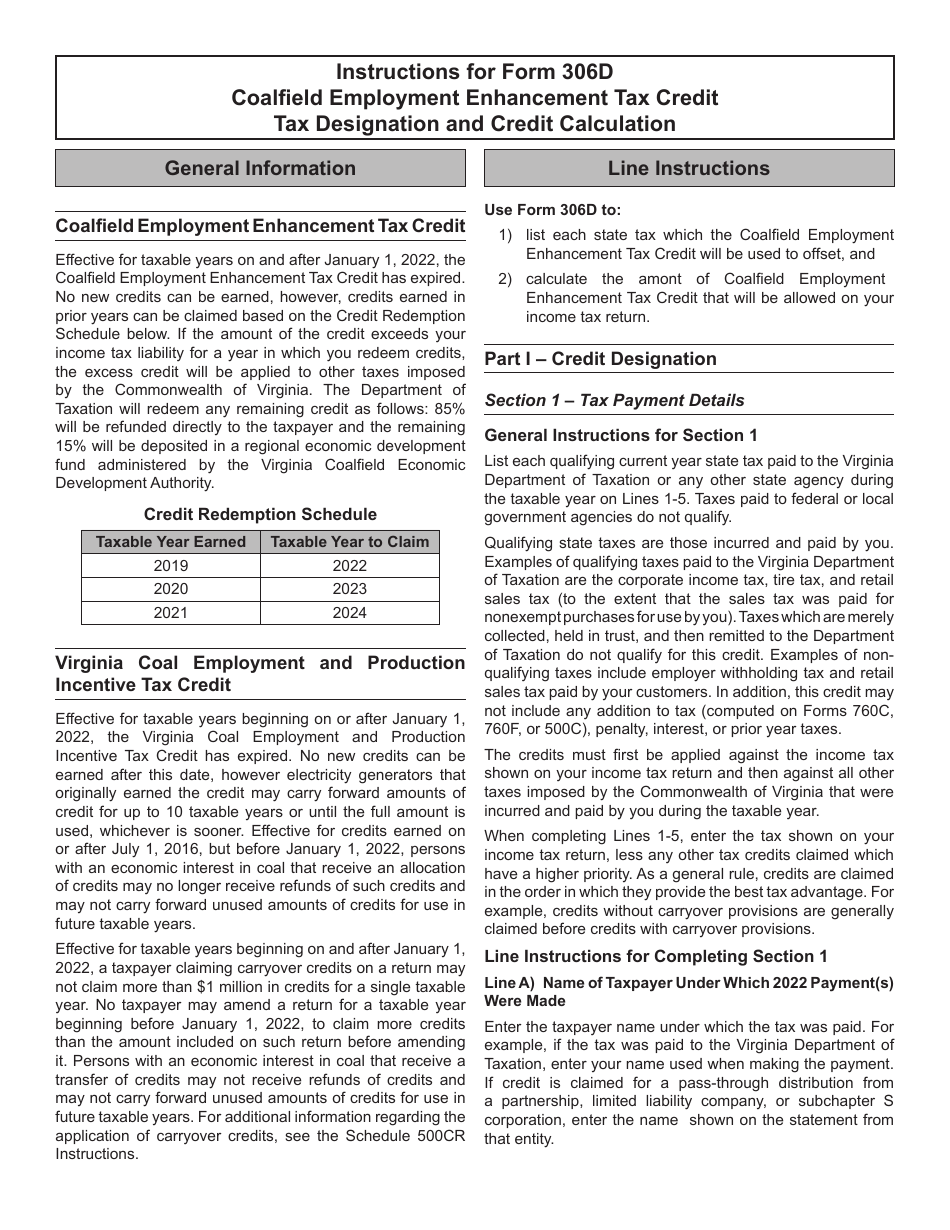 Form 306D Coalfield Employment Enhancement Tax Credit Tax Designation and Credit Calculation - Virginia, Page 3