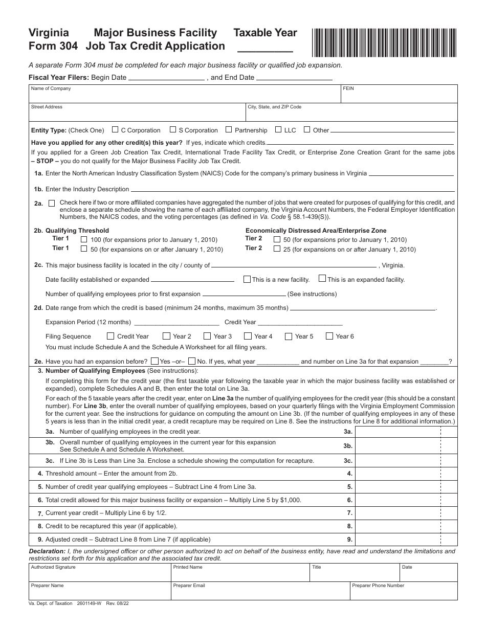 Form 304 Major Business Facility Job Tax Credit Application - Virginia, Page 1