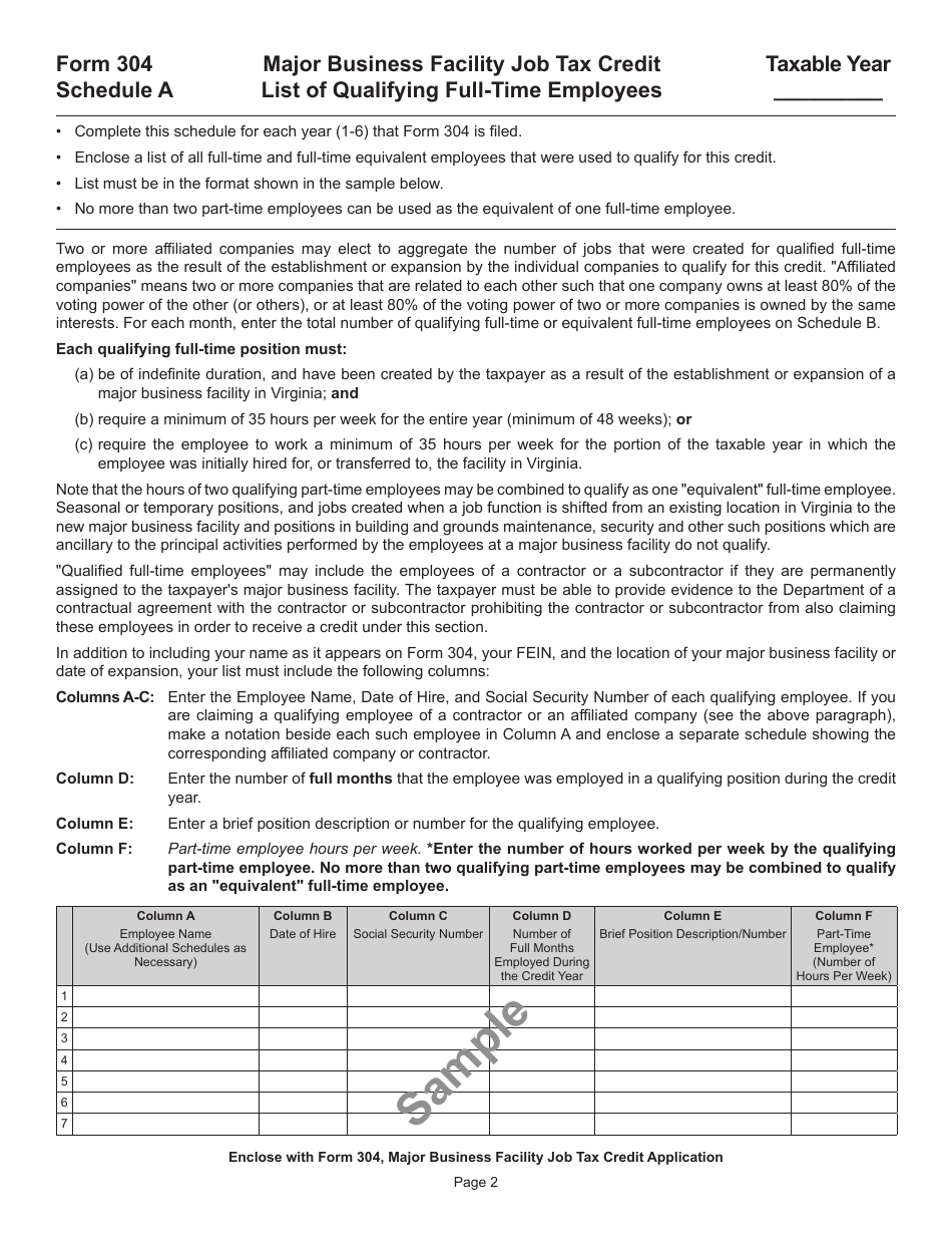 Form 304 Major Business Facility Job Tax Credit Application - Virginia, Page 2