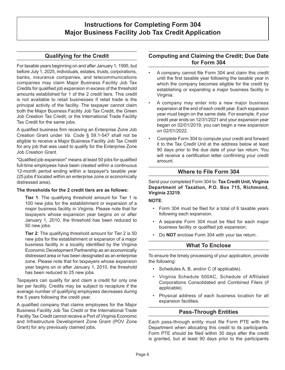 Form 304 Major Business Facility Job Tax Credit Application - Virginia, Page 6