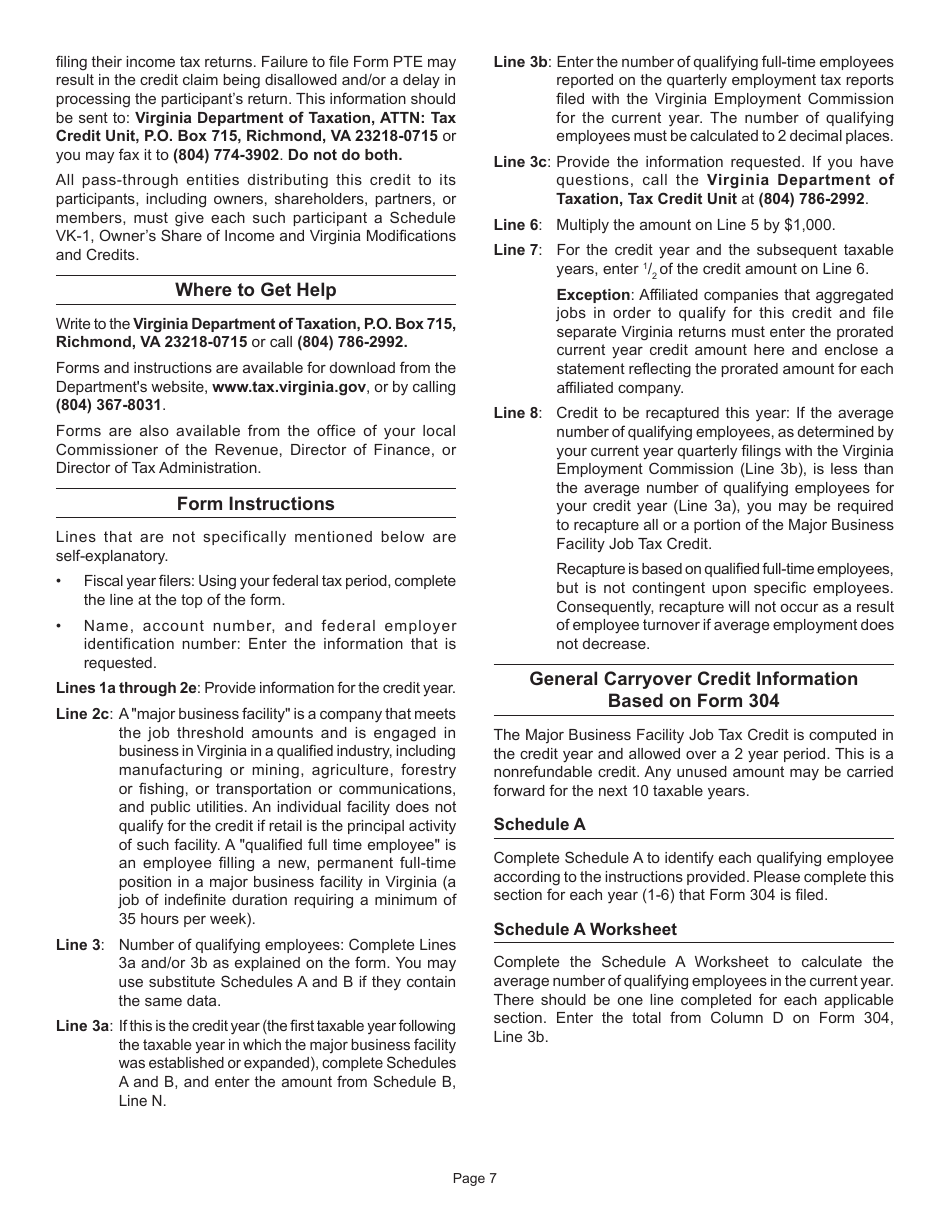 Form 304 Major Business Facility Job Tax Credit Application - Virginia, Page 7