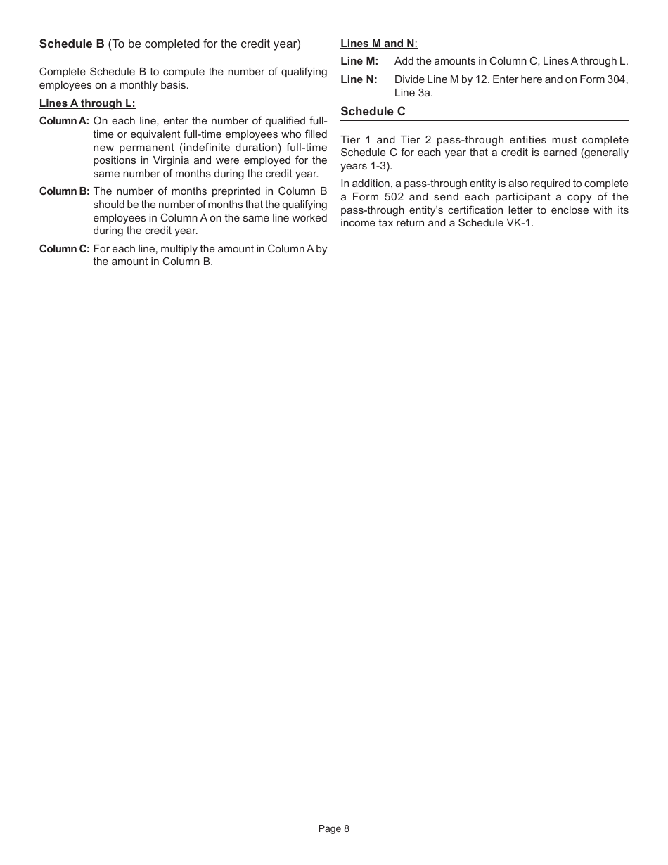 Form 304 Major Business Facility Job Tax Credit Application - Virginia, Page 8