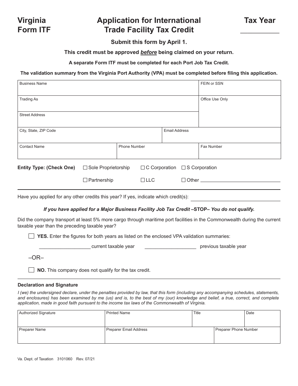 Form ITF Application for International Trade Facility Tax Credit - Virginia, Page 1