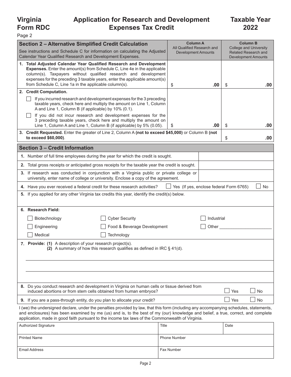 Form RDC Application for Research and Development Expenses Tax Credit - Virginia, Page 2