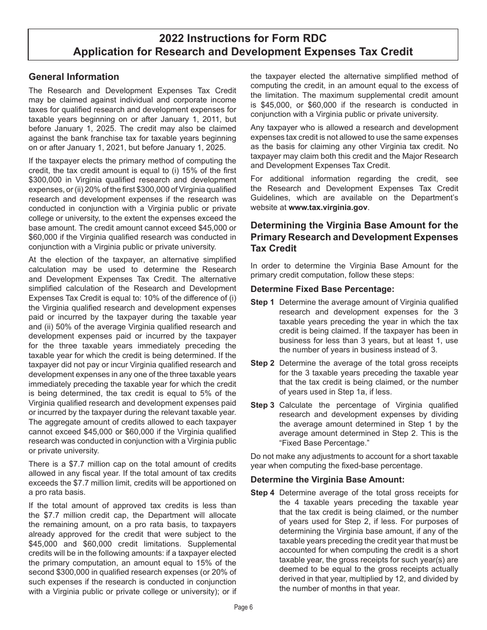 Form RDC Application for Research and Development Expenses Tax Credit - Virginia, Page 6