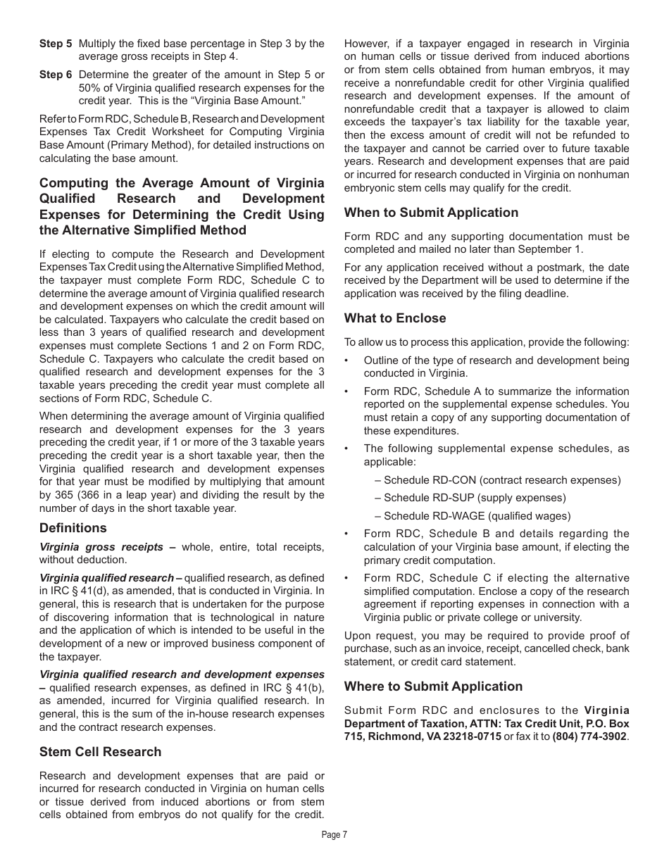 Form RDC Application for Research and Development Expenses Tax Credit - Virginia, Page 7