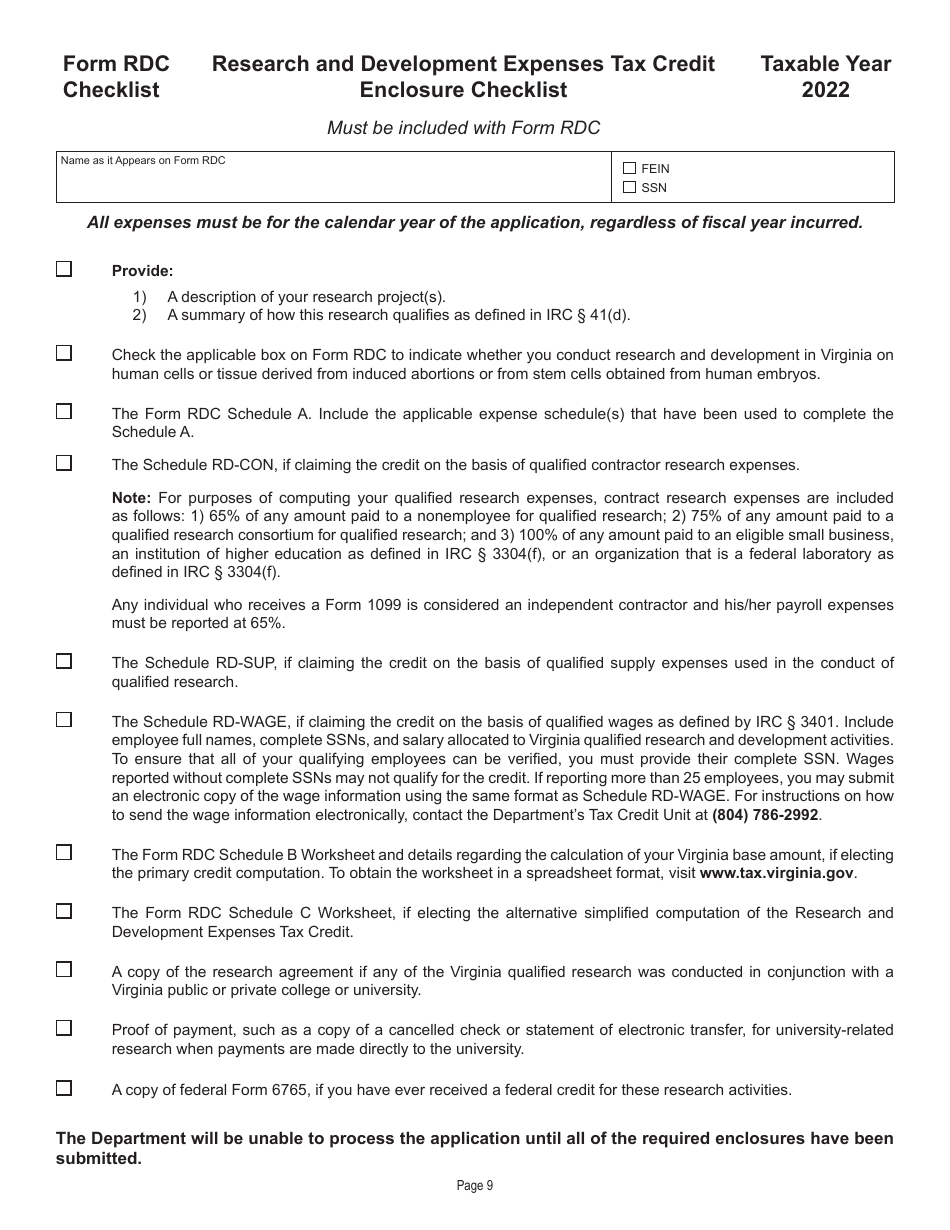 Form RDC Application for Research and Development Expenses Tax Credit - Virginia, Page 9