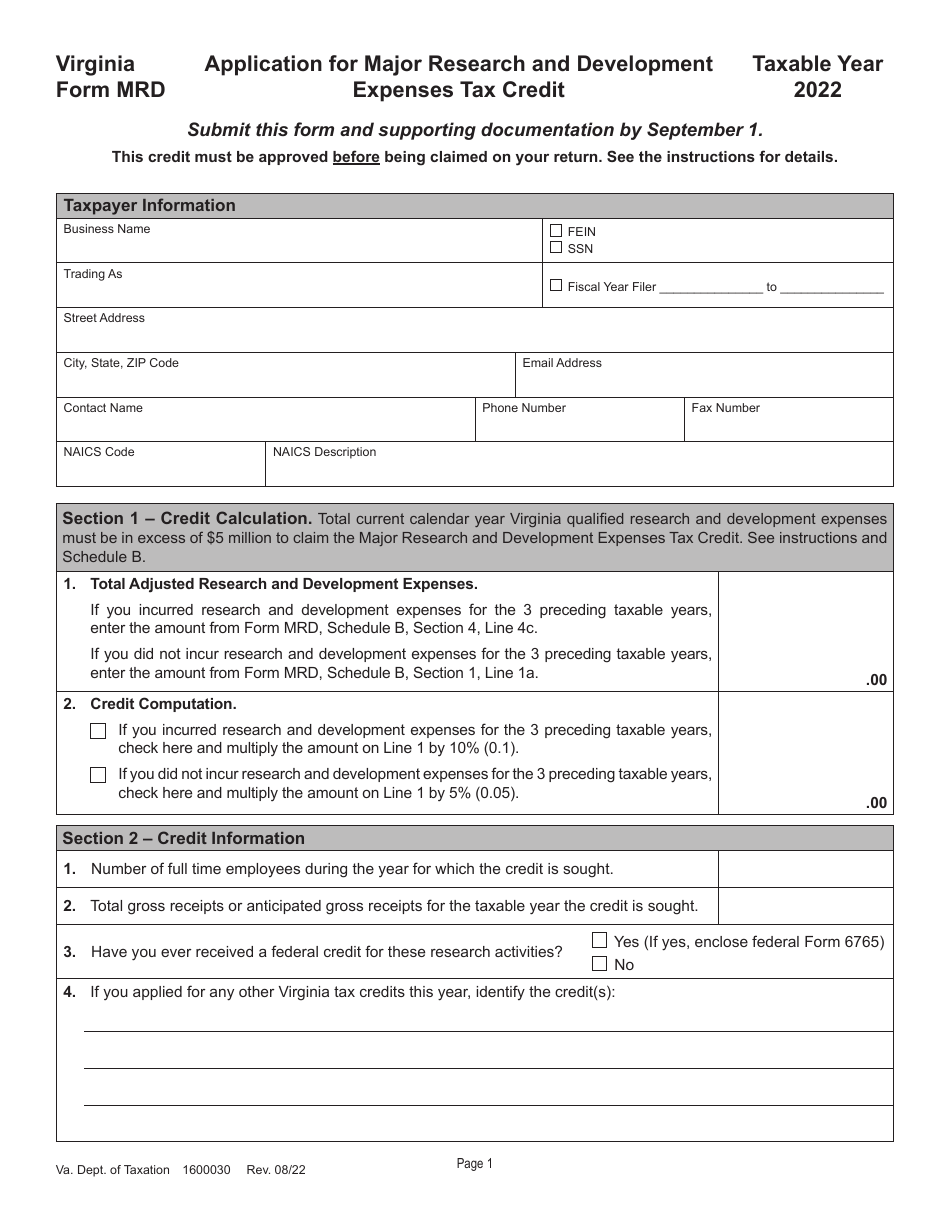 Form MRD Application for Major Research and Development Expenses Tax Credit - Virginia, Page 1