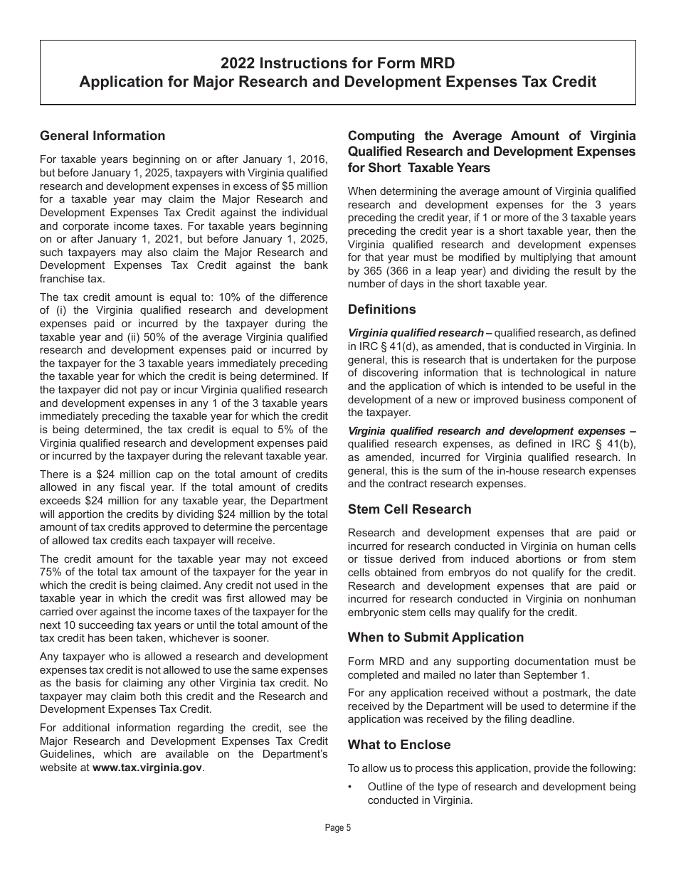 Form MRD Application for Major Research and Development Expenses Tax Credit - Virginia, Page 5