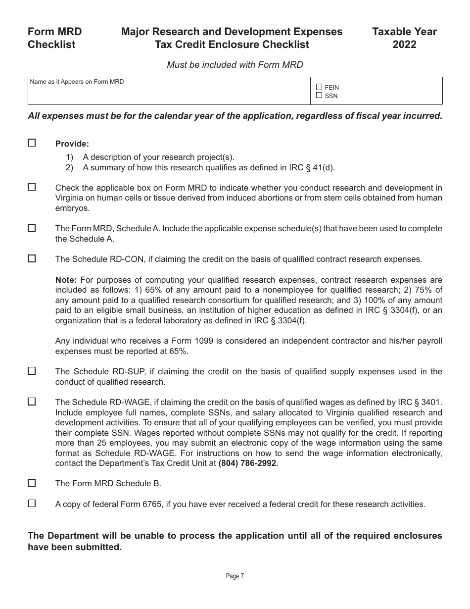 Form MRD Application for Major Research and Development Expenses Tax Credit - Virginia, Page 7
